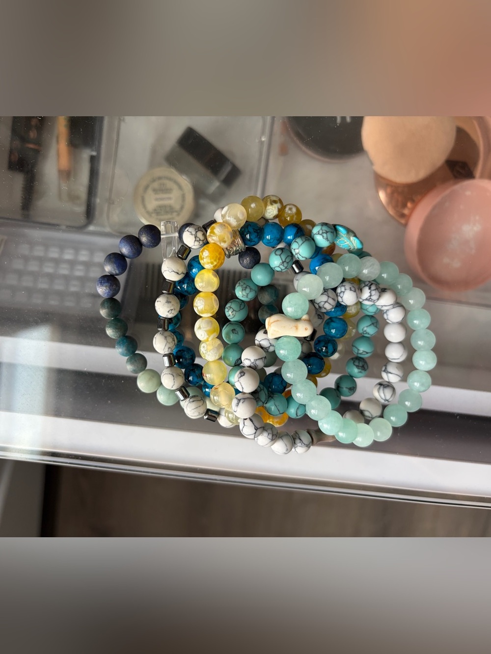 Assorted Beaded Stretch Bracelets in Blue, Turquoise, Yellow & White - Unbranded